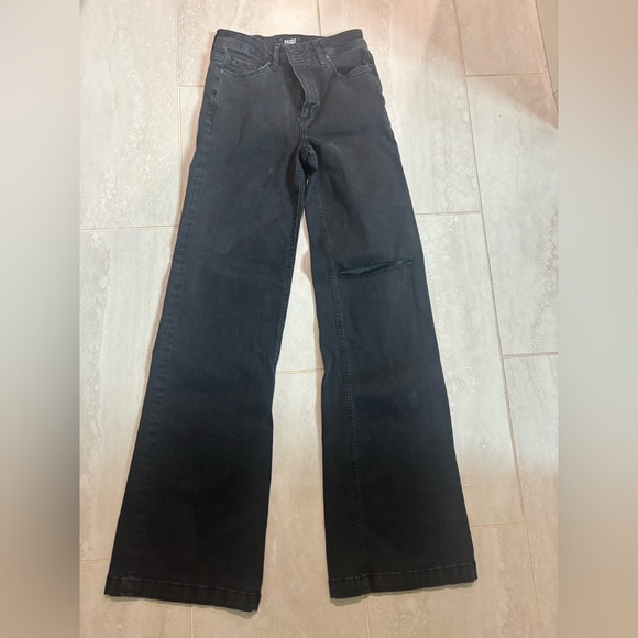 PAIGE Black Flare Wide Leg Jeans with Distressed Knee - Picture 3 of 4